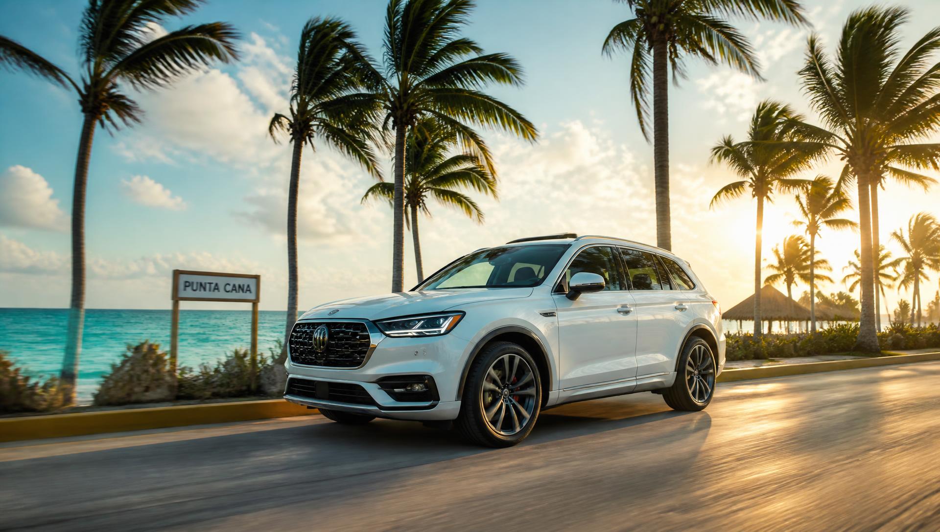 SUV blanco frente a una playa de Punta Cana con palmeras al atardecer